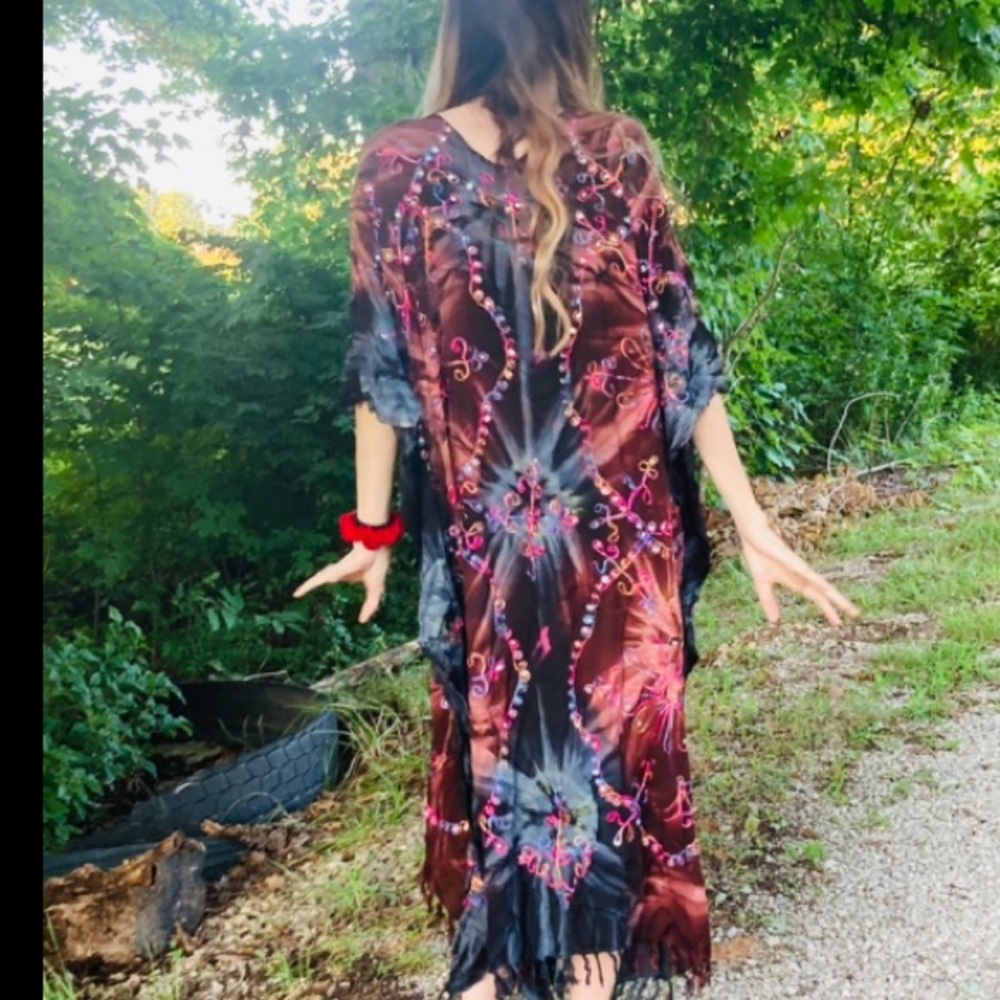 Boho Embroidered Water Color Fringe Caftan Dress - Picture 3 of 8